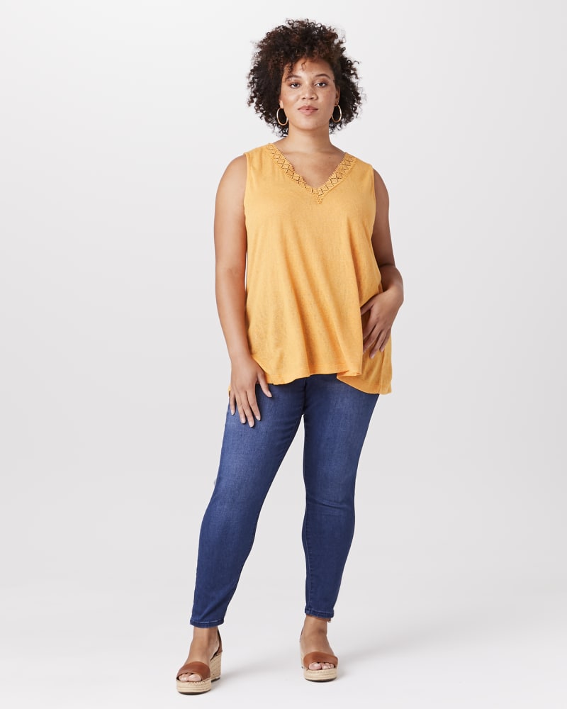 Plus size model with apple body shape wearing Carly Crochet Trim Tank by Downing Studio | Dia&Co | dia_product_style_image_id:143783